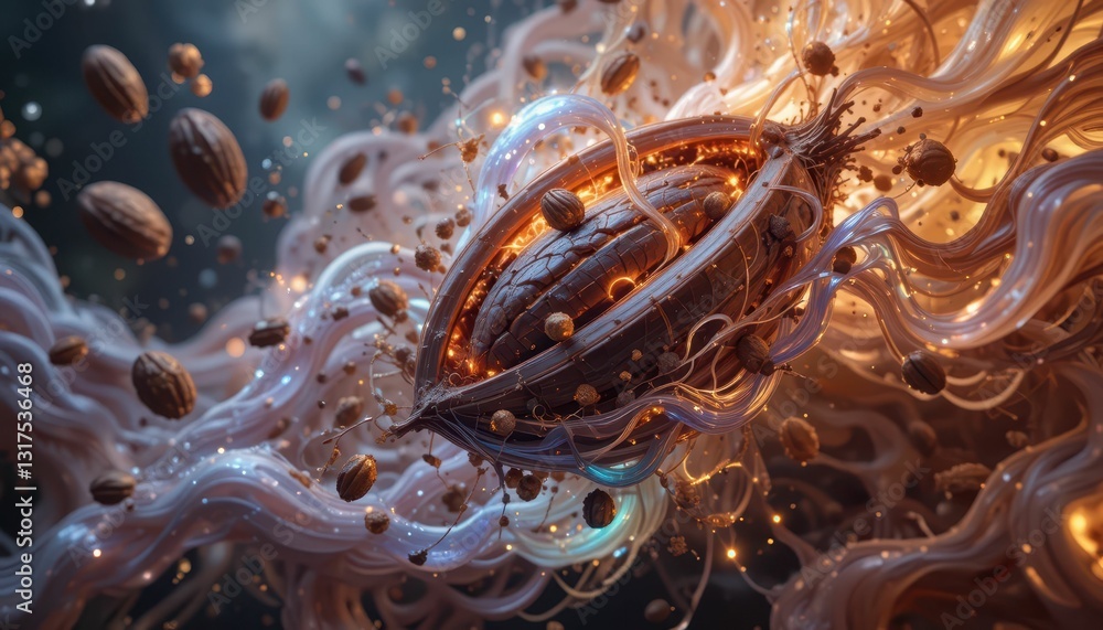 Poster surreal abstract composition of floating shapes and nuts in space