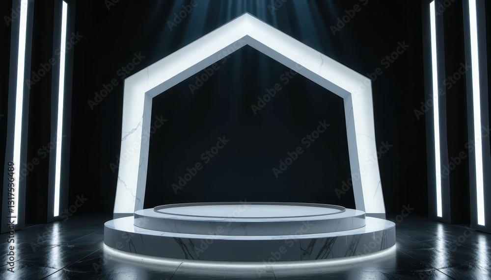 Aufkleber modern stage design with illuminated geometric framework and podium