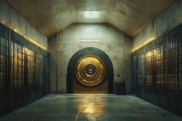 Bank vault corridor, large metal door, safety deposit boxes, dimly lit, security