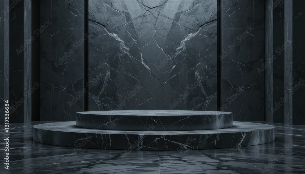 Poster elegant dark marble display space with circular platform and wall