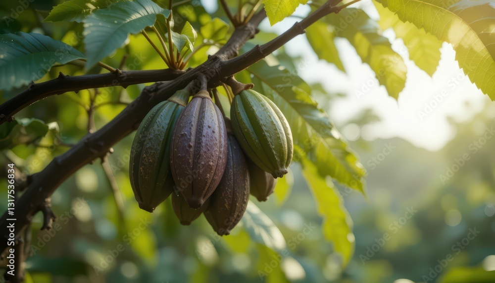 Poster fresh cocoa pods growing on tree branch in sunlit environment