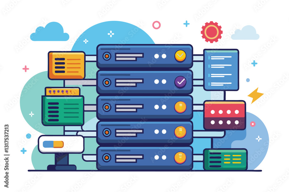 Poster a vibrant illustration showcasing multiple servers connected with various data management tools and 