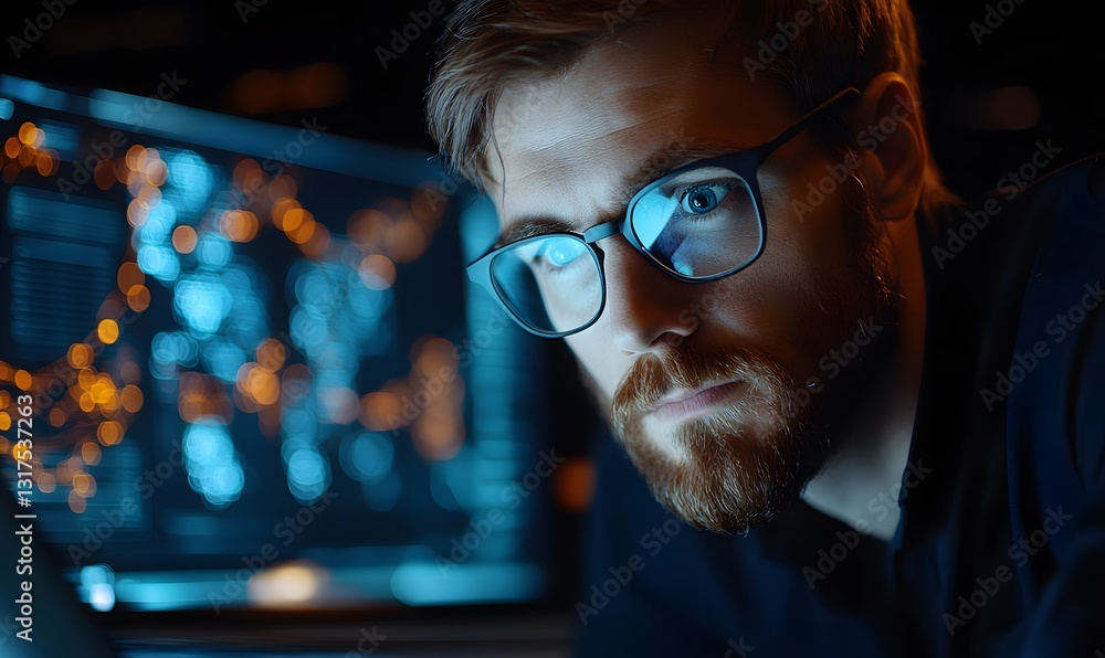 Poster a person wearing glasses staring at a computer screen with digital maps displayed.
