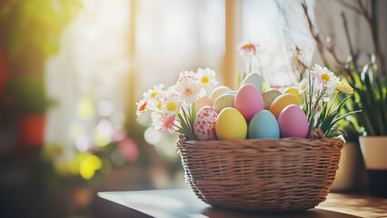Fototapeta premium Wide horizontal seasonal banner background for Easter day with colourful eggs in a basket on a table