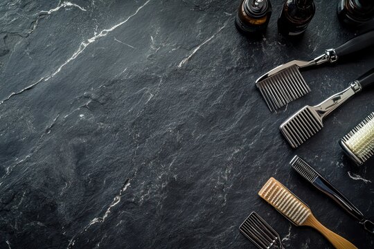 Barber tools on dark stone, hair care products background