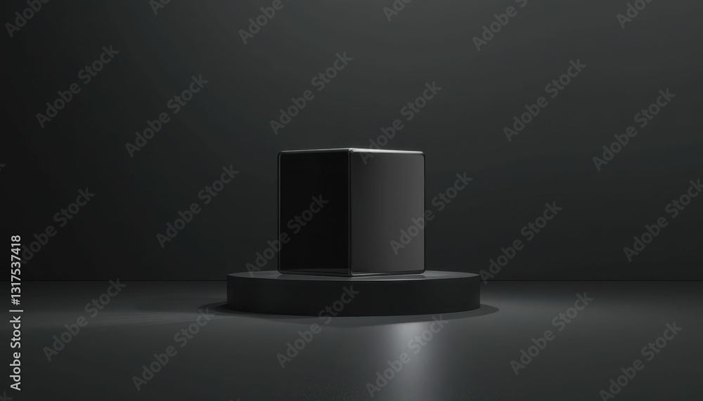 Poster Angular Black Cube on Dark Platform with Minimalist Background