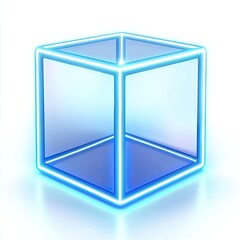 A digital hologram of a rotating D cube with glowing edges, isolated on a white surface for a clean and sleek effect