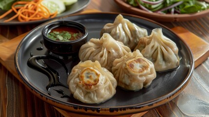 Pan-Fried Dumplings with Dipping Sauce and Fresh Salad