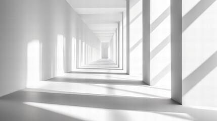 Obraz premium Long White Corridor With Geometric Design And Dramatic Shadows From Windows And Light Creating Modern Architectural Perspective