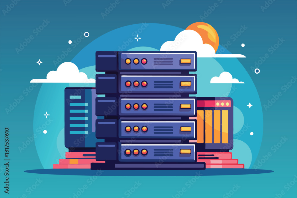Poster a collection of customizable semi-flat servers lined up, showcasing buttons and features against a v