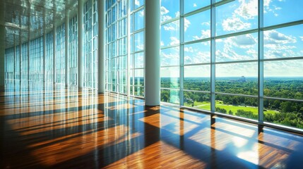 Fototapeta premium Spacious room with large windows offering a scenic view of trees
