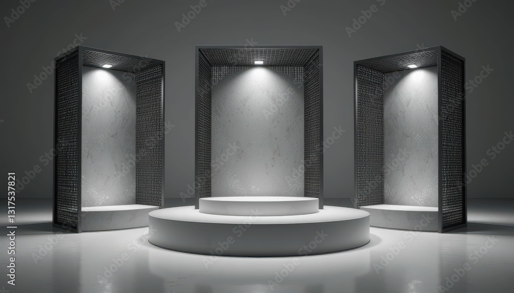 Aufkleber modern minimalist display stands with soft lighting in studio setting