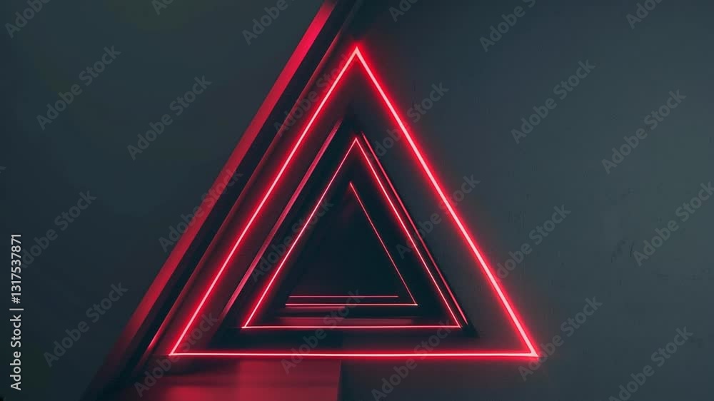 Poster rotating neon red triangular shape in a dark background.