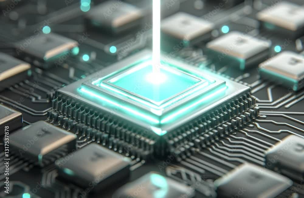 Aufkleber advanced processor chip emitting a bright light in a digital animation.