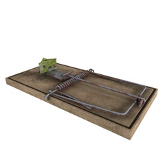 Realistic 3D rendering of a wooden mouse trap on a flat surface