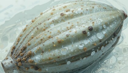 Close-up of Unique Green Seed Pod with Water Droplets on Surface