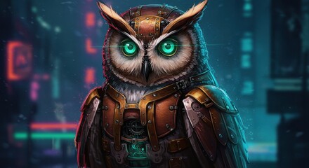 Steampunk Mechanical Owl with Glowing Eyes