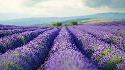 Serene Lavender Fields in the French Countryside: Rows of Purple Blossoms Under a Summer Sky
