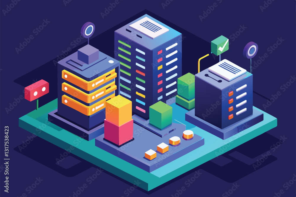 Poster this isometric illustration showcases customizable server status with stylized server buildings and 