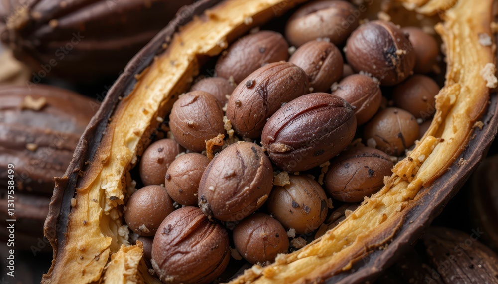 Aufkleber raw cocoa pod with brown cocoa beans inside natural setting