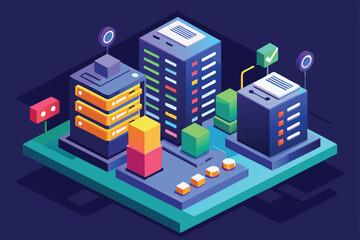 Obraz premium This isometric illustration showcases customizable server status with stylized server buildings and data graphics, Server status Customizable Isometric Illustration