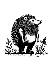 Fototapeta premium Charming hedgehog character standing proudly in a whimsical landscape with playful plants and expressive details