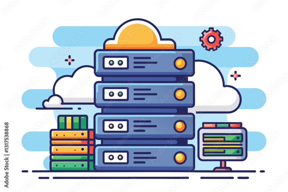 Poster a colorful representation of server status with stacked servers and cloud elements in a tech environ