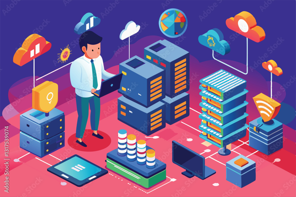 Poster a tech professional works with server systems and data cloud solutions in a colorful digital environ
