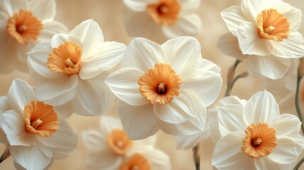 Fototapeta premium Close-up of delicate white daffodils with orange centers, softly blurred background.