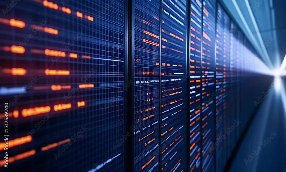 Poster a futuristic data center with rows of servers illuminated by vibrant led lights