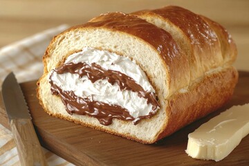 Bread loaf filled with chocolate and cream, on wooden board with knife and butter