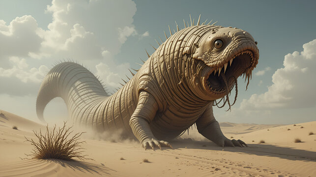 Desert sandworm monster emerging from dunes. Gigantic Creatures. Illustration