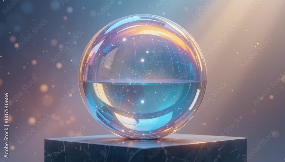 Poster floating transparent sphere with light reflections and particles
