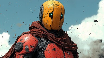 A futuristic robot warrior stares against a cloudy daytime sky