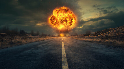 Asphalt road leading to a nuclear explosion, depicting the catastrophic path of a nuclear disaster