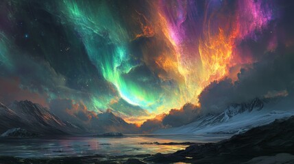 Vibrant Night Sky Over Tranquil Landscape with Colorful Aurora