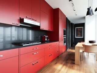A modern kitchen features red cabinets and a sleek black countertop