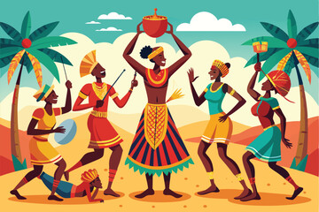 A group of African individuals joyfully engages in a traditional dance, showcasing rich cultural heritage, Set of african people dancing ritual dance,