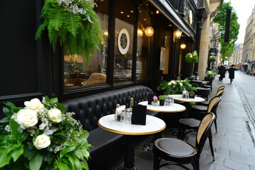 Charming Parisian cafe with elegant bistro chairs inviting visitors to enjoy coffee and pastries on a sunny day