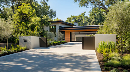 Automated driveway gate leading to a contemporary single-family home with garage