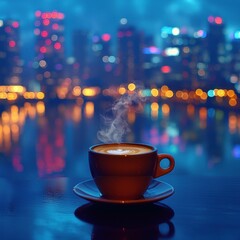 Obraz premium Hot drink against a blurred, colorful city lights skyline at night