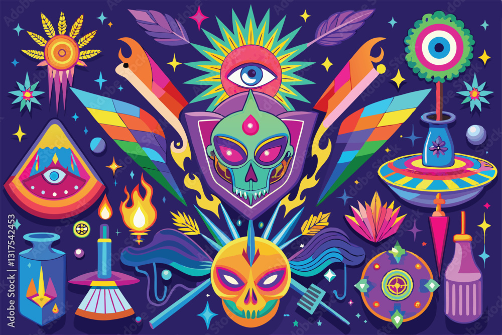 Poster brightly colored, abstract designs showcase mystical symbols and elements in a captivating display, 