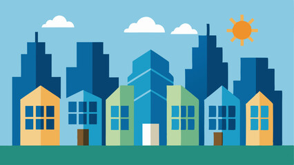 Obraz premium Solar Panels on Rooftops A city skyline featuring several buildings with solar panels installed on their rooftops absorbing sunlight to generate clean energy.