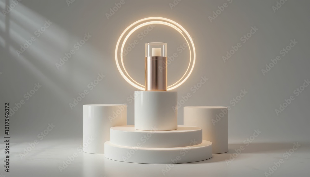 Poster minimalist display with illuminated cylinder and circular lighting