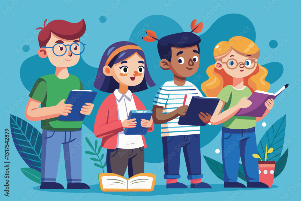 Poster four characters actively take notes with notebooks while enjoying a creative learning environment, s