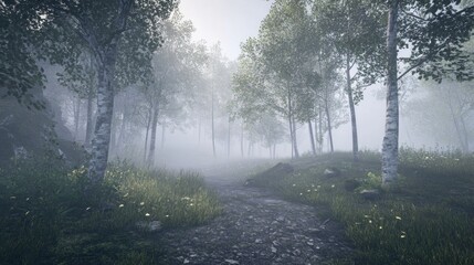 Obraz premium Misty Forest Pathway Surrounded by Lush Green Trees and Fog