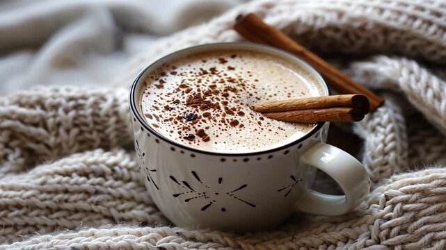 Kakao bestreuter Milchkaffee in gem&uuml;tlicher Decke