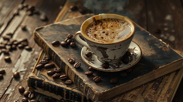 Espresso mit Kaffeebohnen auf dunklem Hintergrund