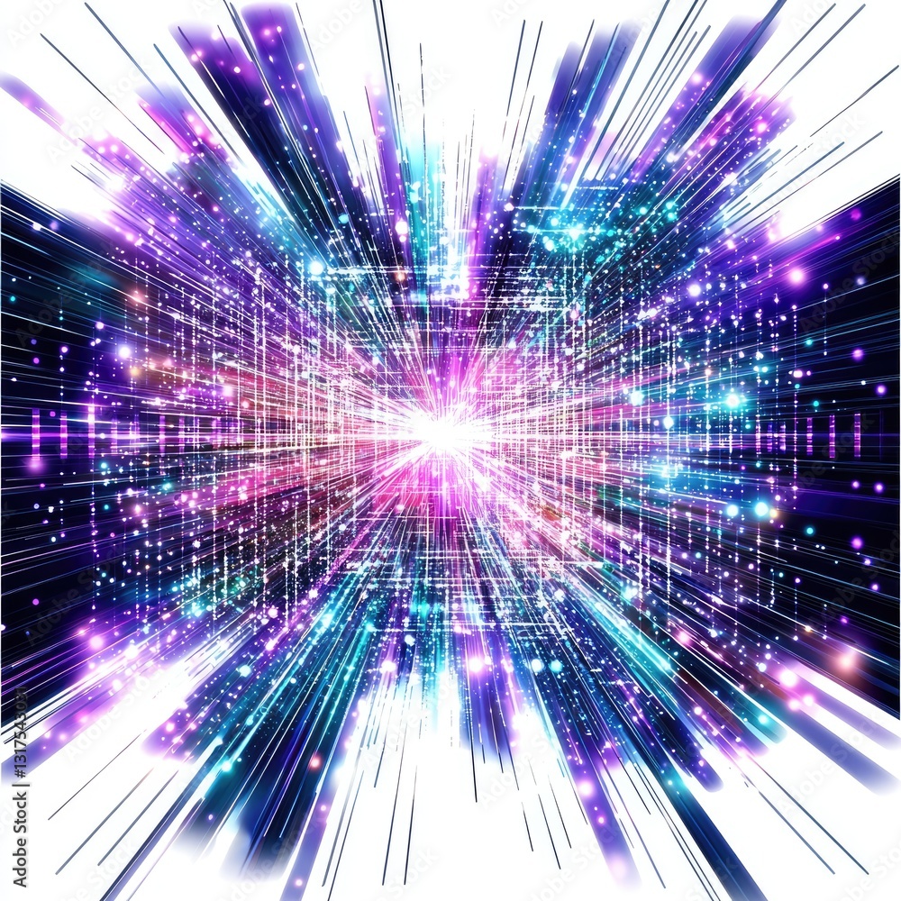 Poster a digital particle explosion, with glowing dots and light trails, isolated on a white background for