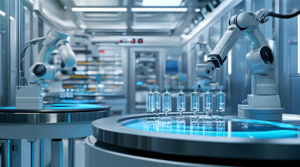 Biopharmaceutical manufacturing facility with robots producing vaccines in a sterile environment